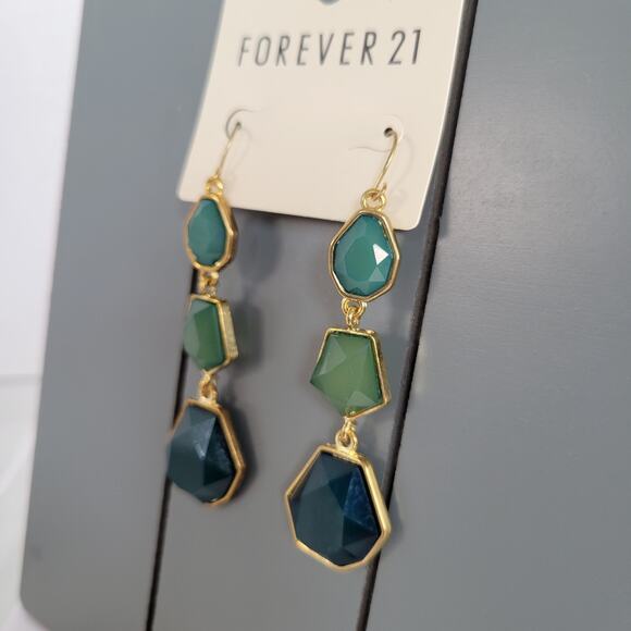 Forever 21 Green Gold Tone Geometric Drop Earrings Dangle Statement Boho Chic - Picture 4 of 7